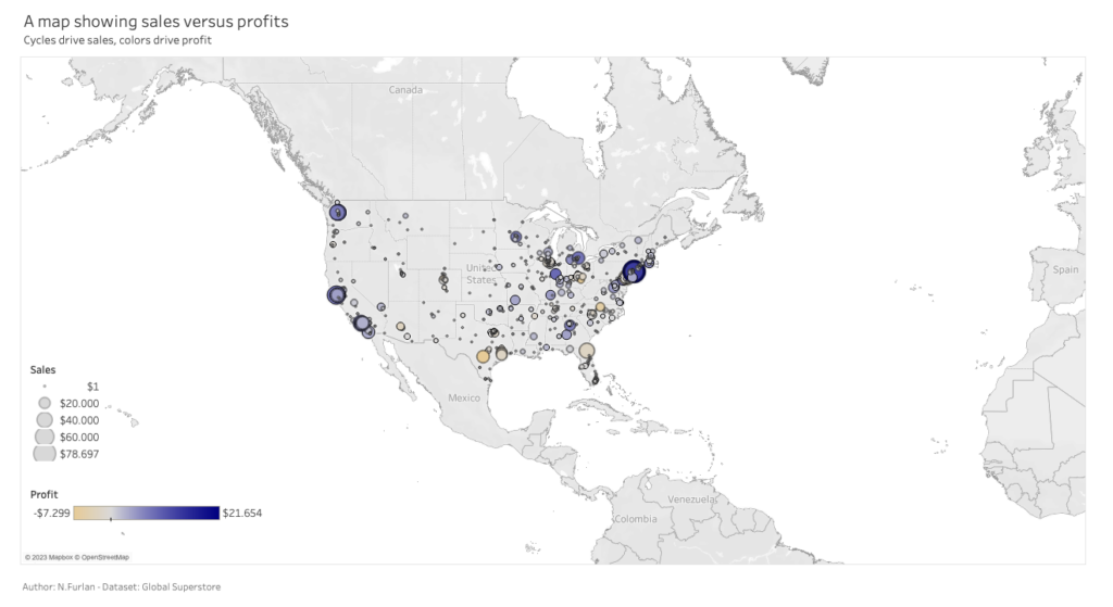 Tableau Dashboard: A map showing sales versus profis.