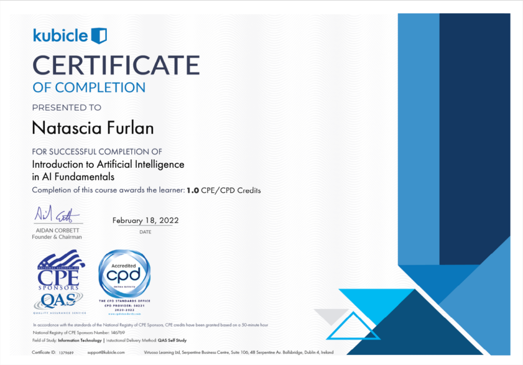 Introduction to Artificial Intelligence in AI Fundamentals Certificate, awarded to Natascia Furlan by Kubicle.