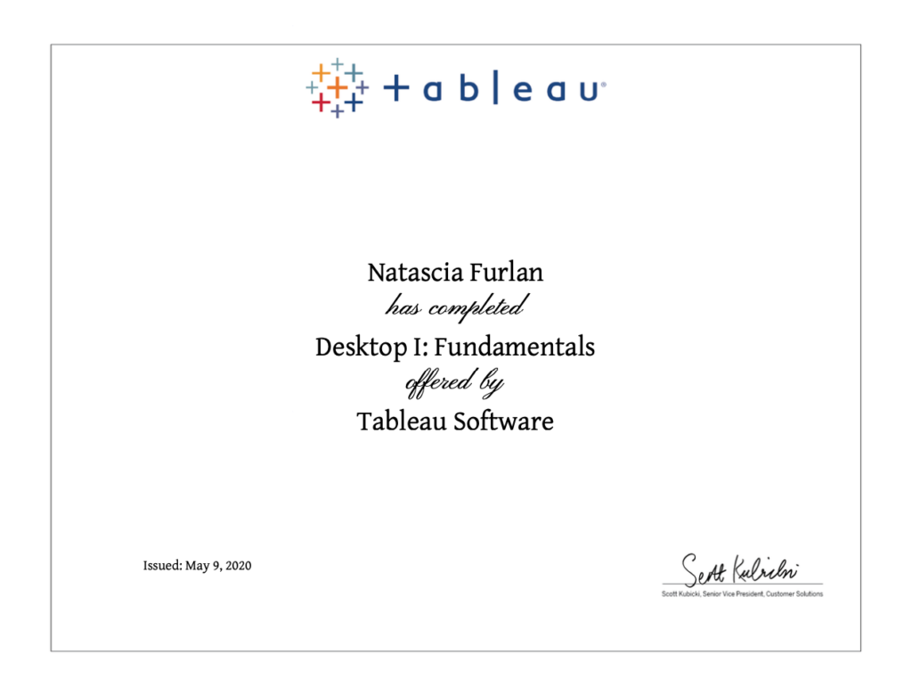 Tableau Desktop I: Fundamentals Certificate, awarded to Natascia Furlan by Tableau Software.