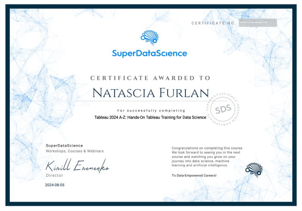 Tableau 2024 A-Z: Hands-On Tableau Training for Data Science Certificate, awarded to Natascia Furlan by SuperDataScience.