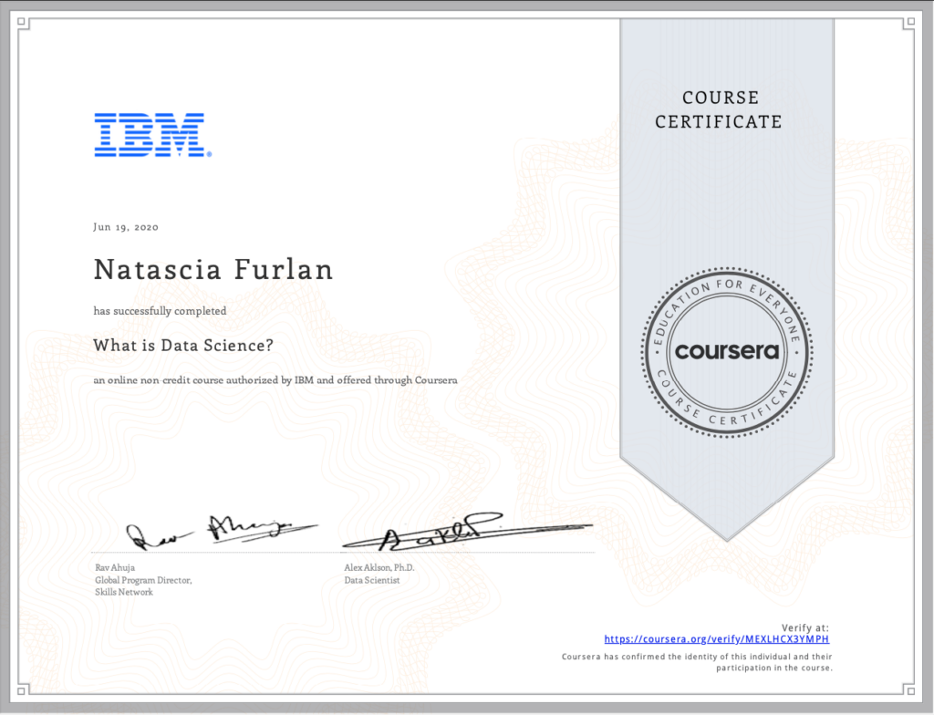 What is Data Science Certificate, awarded to Natascia Furlan by IBM.