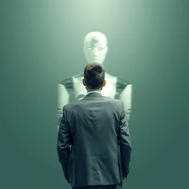 Human behaviour and artificial intelligence, showing a human brain alongside a digital