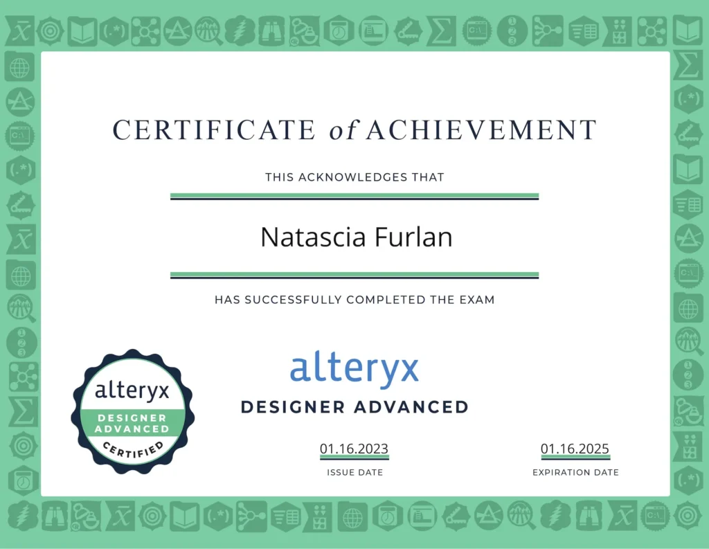 Official Alteryx Designer Advanced Certification awarded to Natascia Furlan, demonstrating expertise in complex workflows and data transformation.