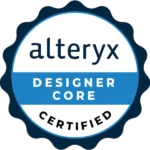 Digital badge for Alteryx Designer Core certification awarded to Natascia Furlan, demonstrating foundational skills in data preparation and analytics.