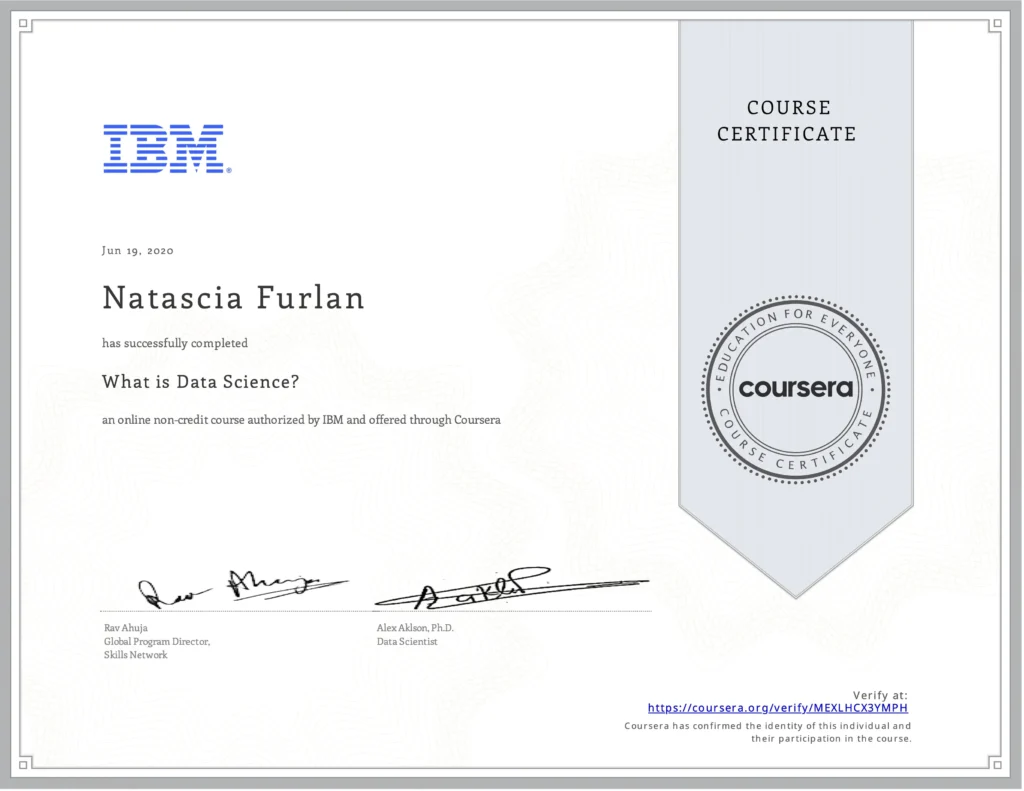 IBM professional certificate “What is Data Science” awarded to Natascia Furlan, covering the foundations and applications of data science.