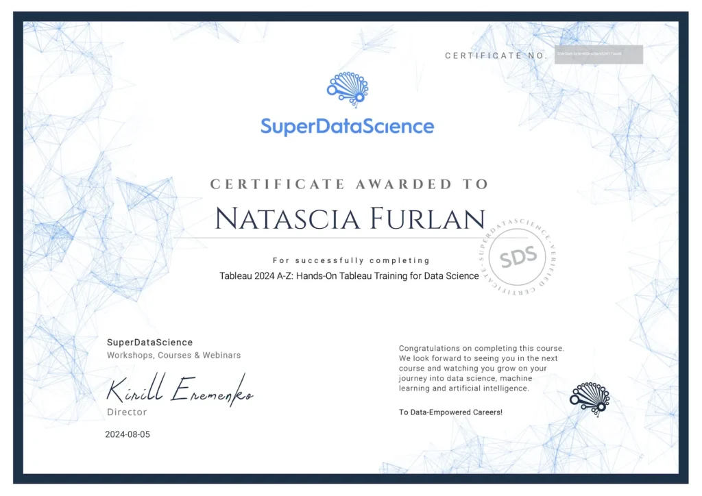 Certificate awarded to Natascia Furlan by SuperDataScience for completing “Tableau 2024 A–Z: Hands-On Tableau Training for Data Science”, focusing on practical data visualisation skills using Tableau.